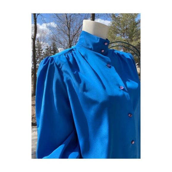 Vintage | 70s Electric Blue Blouse Statement Balloon Sleeve Secretary Office - Picture 8 of 12